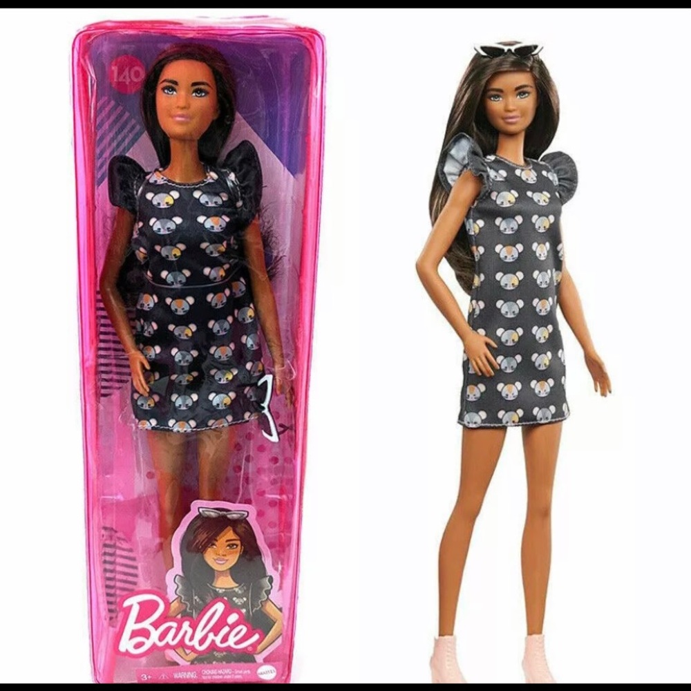Barbie Fashionistas 140 Long Brunette Hair Black White Mouse-Print Dress New